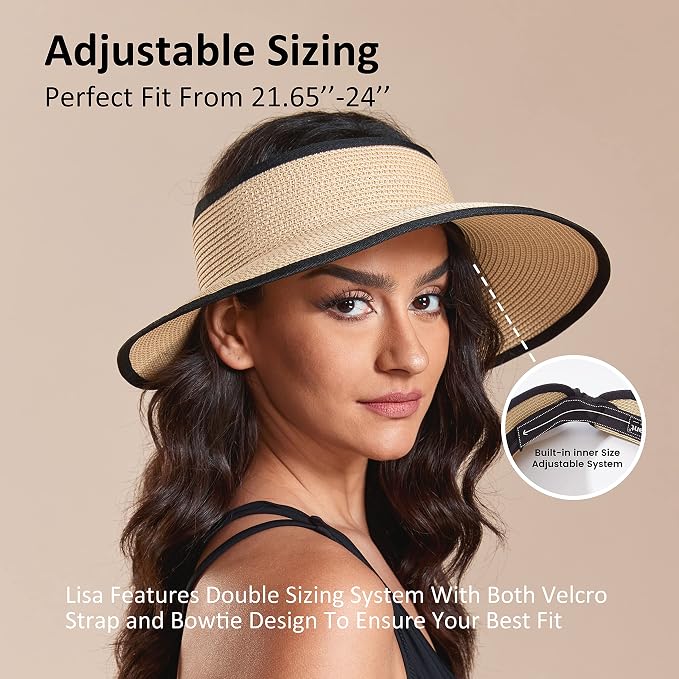 Joywant Womens Sun Visor Hats, Packable Wide Brim Ponytail Beach Hat Straw - Image 4
