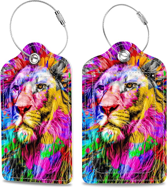 2 Pack Luggage Tags for Suitcase Colorful Abstract Lion Leather Stainless Steel by MSEAANBK