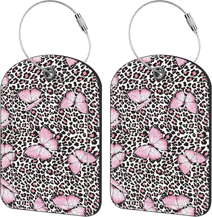 2 Pack Cute Luggage Tag for Suitcases Pink Butterfly and Leopard Leather by iapodiad
