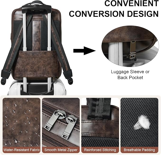 Vegan Leather Laptop Backpack for Women&Men, 16 Inch Expandable Backpack - Image 6