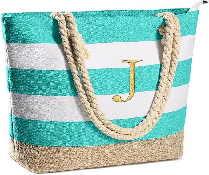 YOOLIFE Initial Canvas Waterproof Beach Tote Bag Zipper Personalized Gifts by YOOLIFE