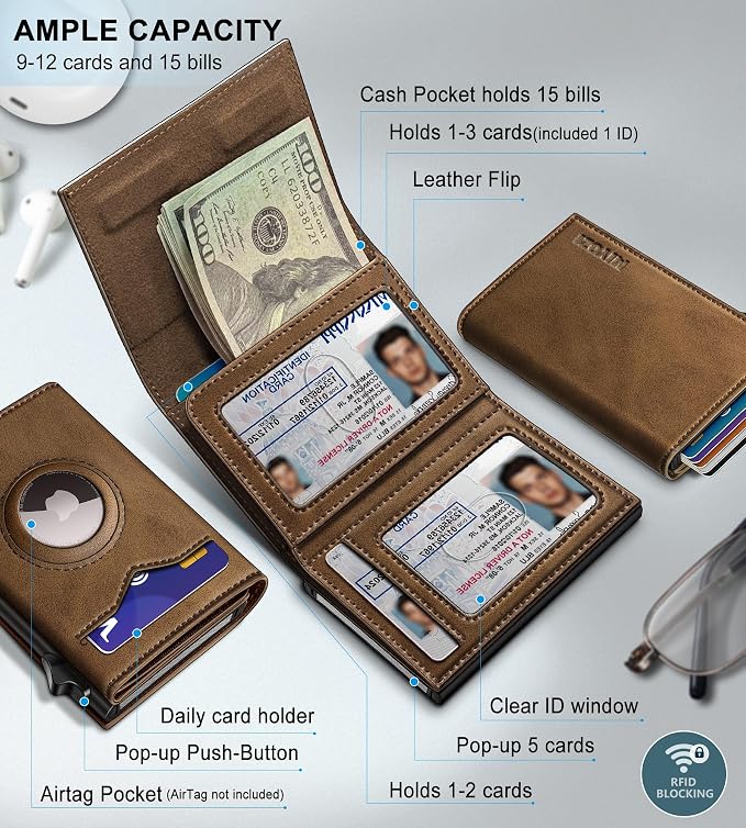 Airtag Wallet for Men, with Cash Pocket 2 ID Window 9-12 Cards, Metal Case - Image 2