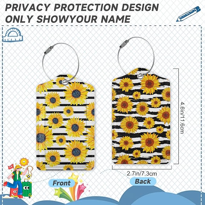 2 Pack Luggage Tag for Suitcase, Sunflowers Striped Leather Suitcase Tags - Image 2