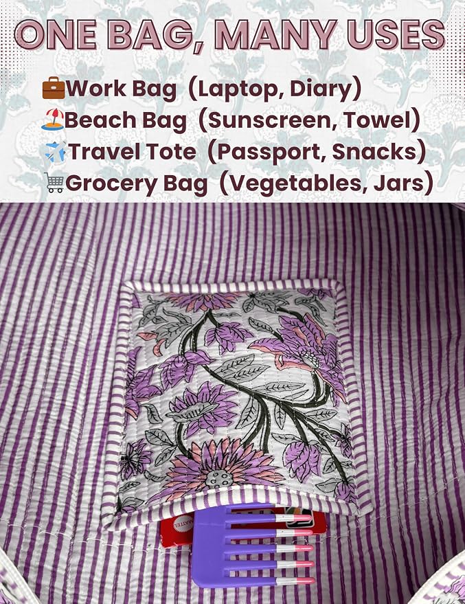 Cotton Quilted Tote Bag for Women – Large Beach & Travel Tote - Image 7