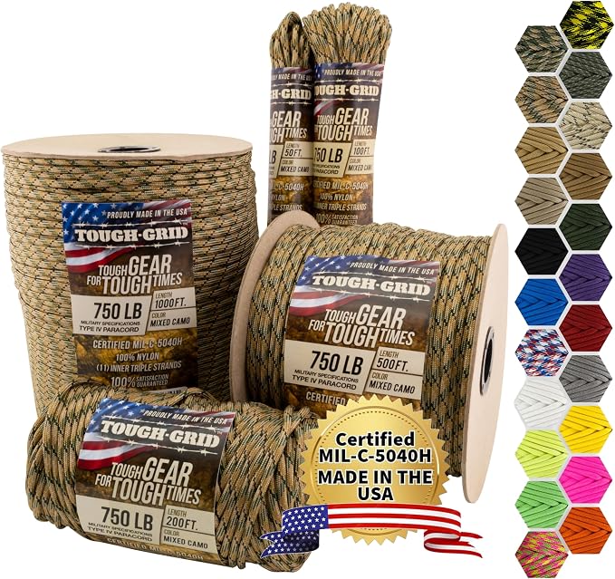 TOUGH-GRID 750 Paracord Rope Nylon Parachute Cord, Made in USA Survival Kit by TOUGH-GRID