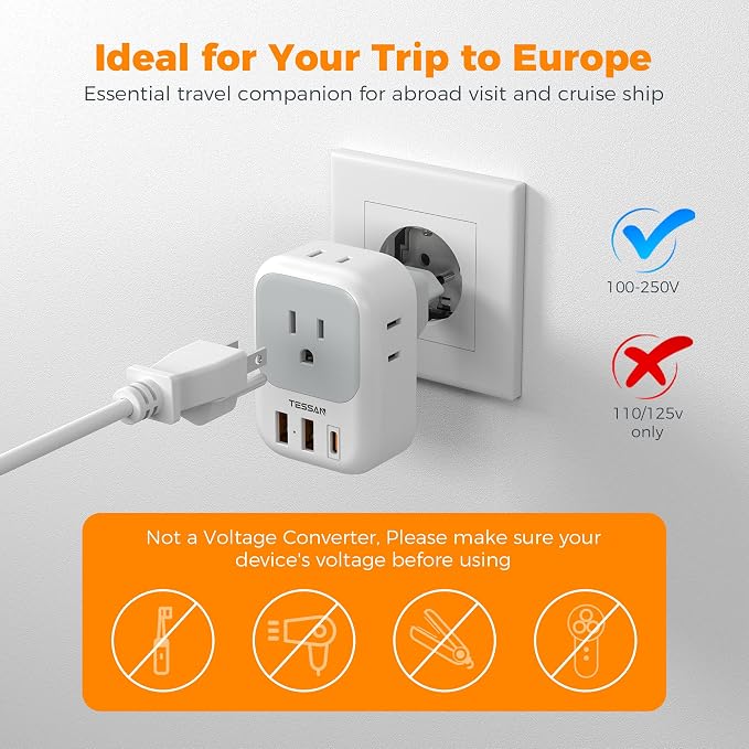 TESSAN European Travel Plug Adapter 2 Packs, Type C Europe Adaptor Foldable - Image 6