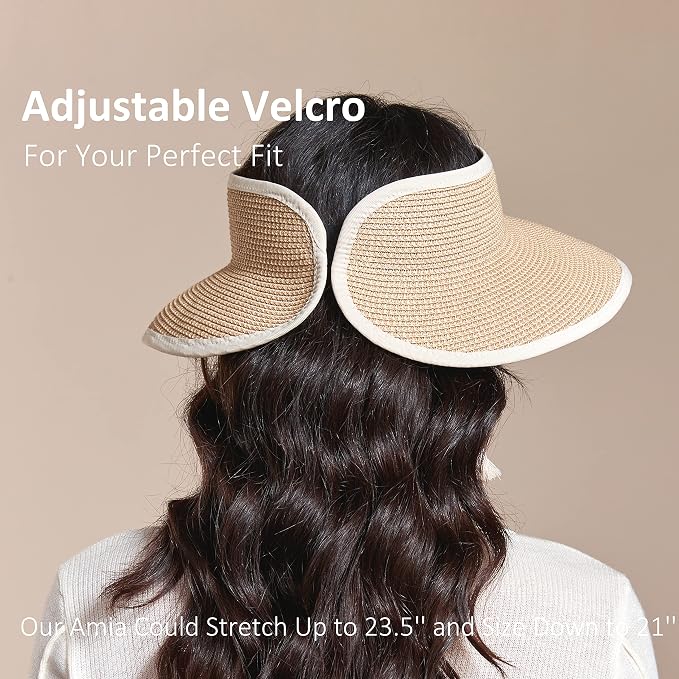 Joywant Womens Sun Visor Hats, Packable Wide Brim Ponytail Beach Hat Straw - Image 3