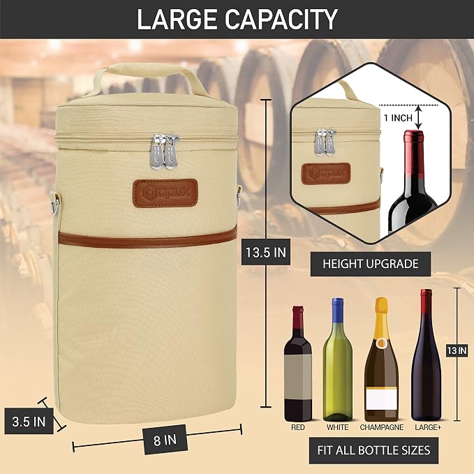 opux 2 Bottle Wine Carrier Tote, Insulated Leakproof Wine Cooler Bag, Wine - Image 3