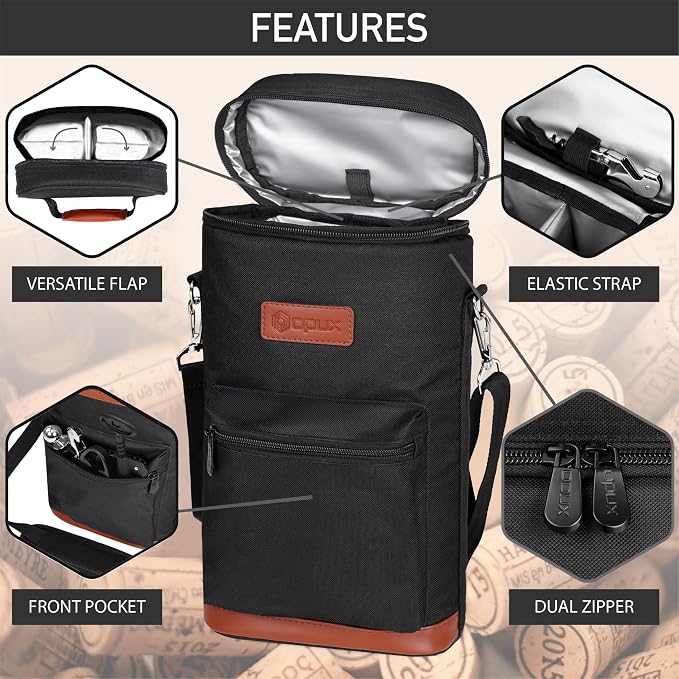 opux Wine Bag 2 Bottle Wine Tote Carrier, Insulated Wine Cooler Bag - Image 4