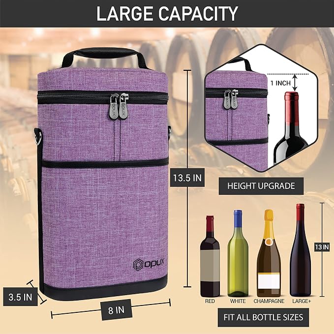 opux 2 Bottle Wine Carrier Tote, Insulated Leakproof Wine Cooler Bag, Wine - Image 3