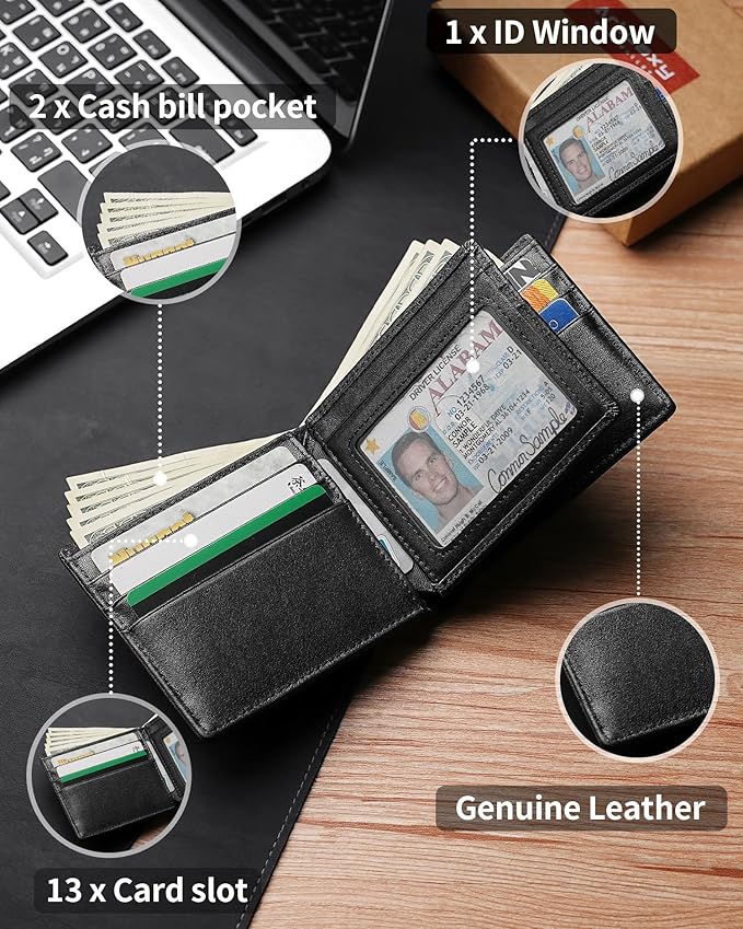 Mens Wallet Genuine Leather Bifold RFID Blocking Wallet - Image 5