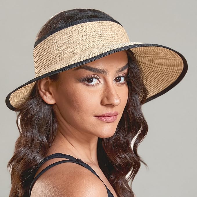 Joywant Womens Sun Visor Hats, Packable Wide Brim Ponytail Beach Hat Straw - Image 9