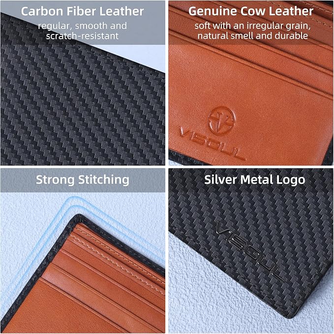 VISOUL Mens Bifold Wallet with 2 ID Windows Carbon Fiber Leather, RFID Blocking - Image 3