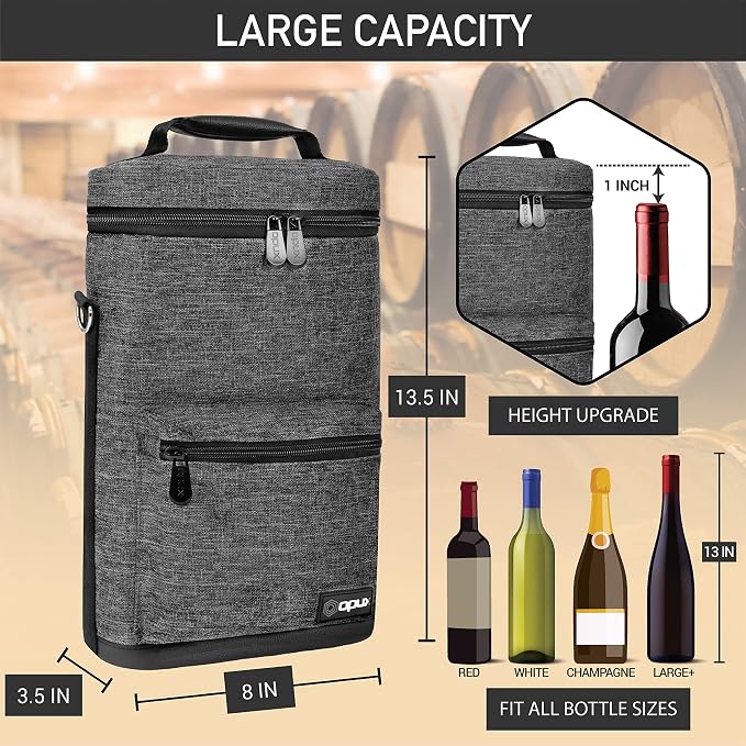 Opux 2 Bottle Wine Tote Carrier, Insulated Cooler Bag - Image 3
