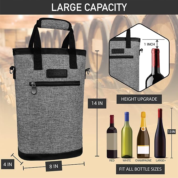 opux Two Bottle Wine Bag Carrier Tote, Insulated Leakproof 2 Bottle Wine Cooler - Image 4