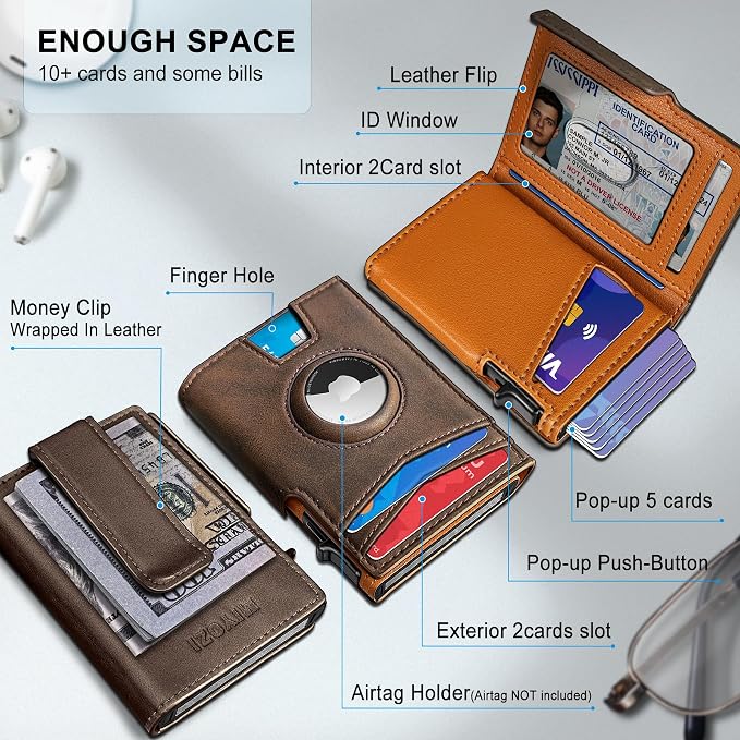 Airtag Wallet for Men, with Money Clip 10 Cards Metal Case Smart Slim Pop Up - Image 2