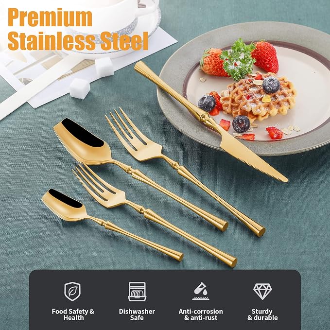 20-Piece Gold Silverware Set for 4, Modern 18/10 Stainless Steel Flatware Set - Image 3