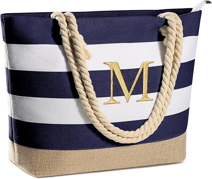 YOOLIFE Initial Canvas Waterproof Beach Tote Bag Zipper Personalized Gifts by YOOLIFE