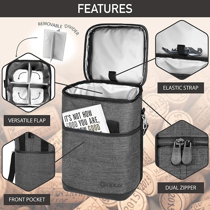 Opux Insulated Wine Tote, 4 Bottle Cooler Bag - Image 4