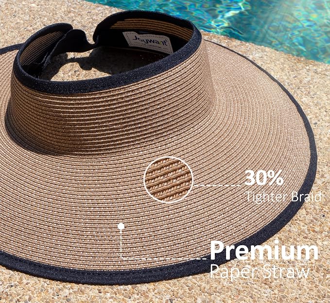 Joywant Womens Sun Visor Hats, Packable Wide Brim Ponytail Beach Hat Straw - Image 5
