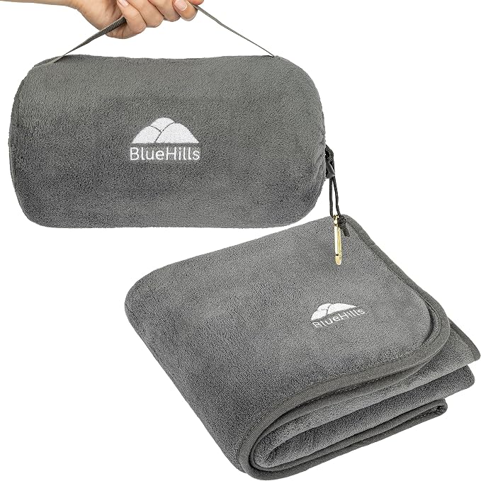 BlueHills Travel Blanket Pillow Rolled Premium Soft Plush Airplane Throw by BlueHills