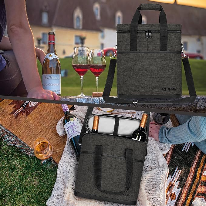 opux 3 Bottle Wine Carrier Tote, Insulated Leakproof Wine Cooler Bag, Wine - Image 7