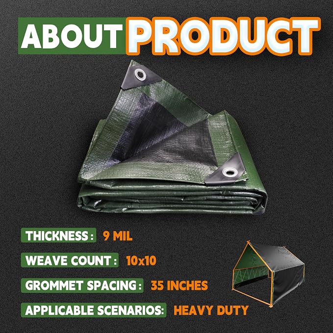 8x10 Feet Tarp Waterproof, 9Mil Thick, Finished Size Tarps, UV Resistant - Image 6
