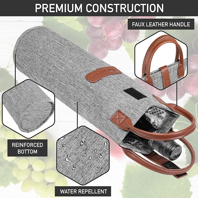 opux Wine Bag Single Bottle Carrier Tote, Insulated Travel Wine Cooler Bag - Image 5