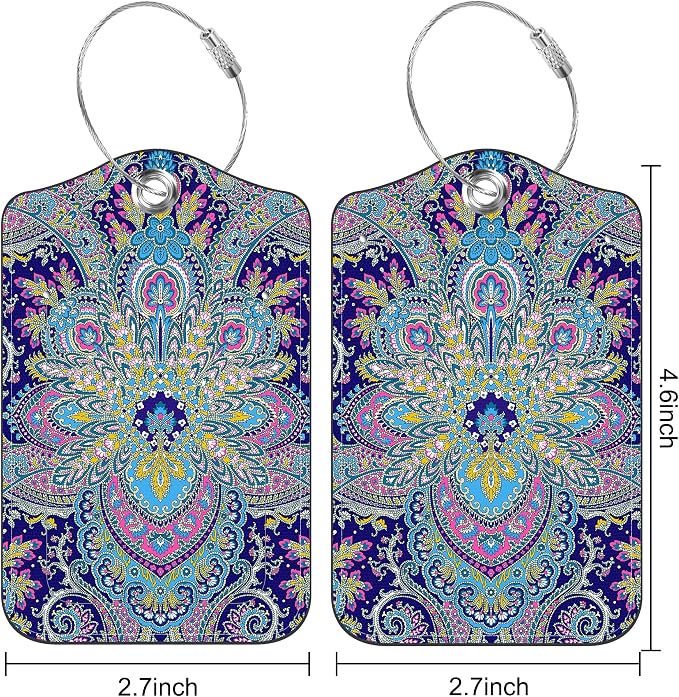 2 Pack Luggage Tags Paisley Pattern and Ethnic Style Floral PU Leather Baggage - Image 2